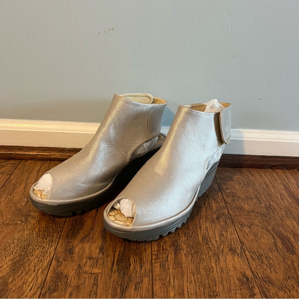 Fly London Metallic Silver Peep-Toe Wedge Booties